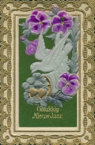 Relief Material Ak Glückwunsch, Neujahr, Blumen, Stiefmütterchen, Taube, Kleeblätter