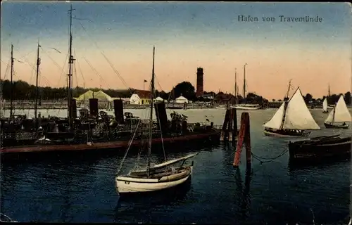 Ak Travemünde Lübeck, Segelboote und Dampfer im Hafen