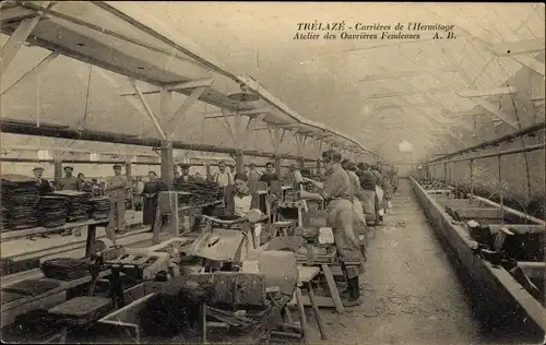 Ak Trélazé Maine et Loire, Carrieres de l'Hermitage, Atelier des Ouvrieres Fendeuses