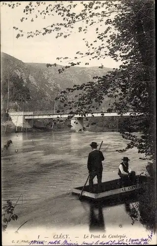 Ak Clecy Calvados, Le Pont de Cantepie, Ruderboot