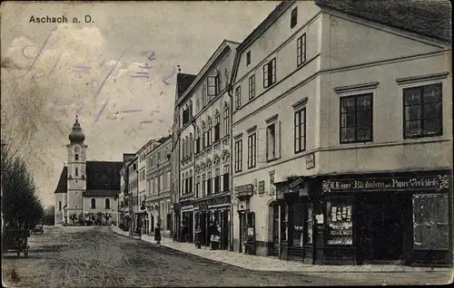 Ak Aschach an der Donau Oberösterreich, Kirche, Geschäfte, Straßenpartie, Buchbinderei