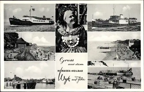 Ak Wyk auf Föhr Nordfriesland, Mittelbrücke, Uthlande Schiff, Promenade, Hafen