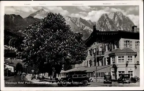 Ak Garmisch Partenkirchen in Oberbayern, Clausings Hotel Post, Zugspitze