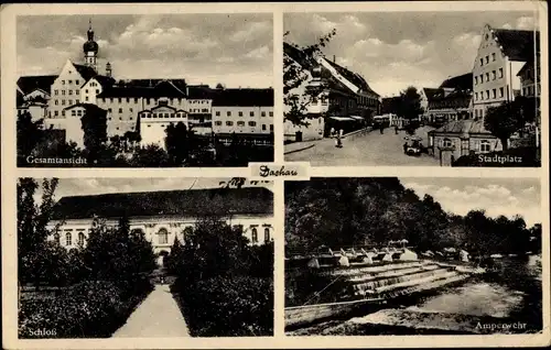 Ak Dachau in Oberbayern, Gesamtansicht, Stadtplatz, Schloss, Amperwehr