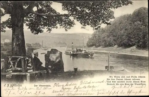 Ak Hann. Münden in Niedersachsen, Fluss mit Dampfschiff, Weserstein, Zusammenfluss Werra, Fulda