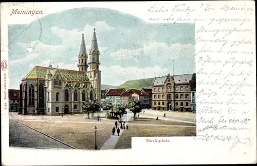 Litho Meiningen in Thüringen, Marktplatz, Kirche