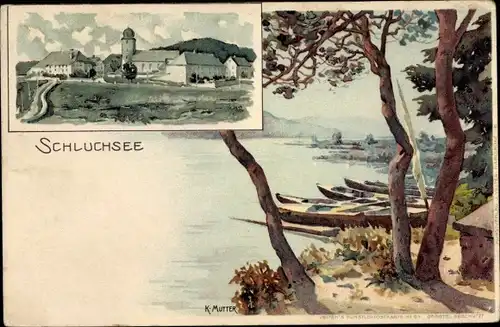 Künstler Litho Mutter, K., Schluchsee im Schwarzwald, Ortschaft, Boote am Ufer