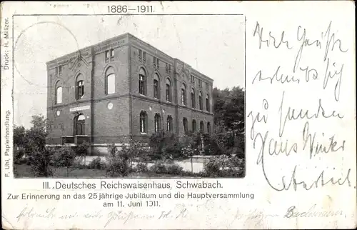 Ak Schwabach in Mittelfranken Bayern, III. Deutsches Reichswaisenhaus, 25jähriges Jubiläum 1911