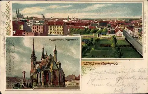 Litho Köthen in Anhalt, Panorama, St. Jacobikirche, Kriegerdenkmal