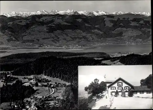 Ak Kanton Zürich Schweiz, Bergrestaurant Lauf ob Wald, Blick gegen die Urner- und Berneralpen