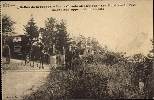 Ak Vosges Frankreich, Ballon de Servance, Sur le Chemin strategique, Muletiers du Fort