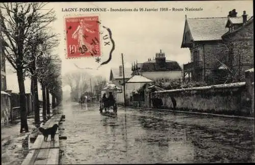 Ak Lagny Pomponne Seine et Marne, Inondations du 26 Janvier 1910, Route Nationale