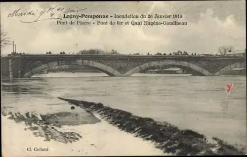 Ak Lagny Pomponne Seine et Marne, Inondation du 26 Janvier 1910, Pont de Pierre