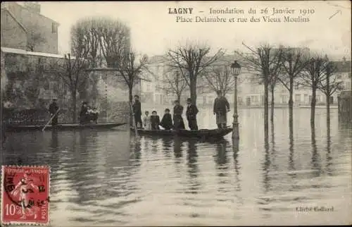 Ak Lagny Seine et Marne, Inondation du 26 Janvier 1910, Place Delambre, Rue des Vieux Moulins