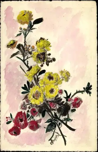 Handgemalt Ak Gelbe und rote Blüten