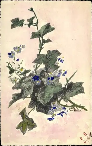 Handgemalt Ak Efeu und Vergissmeinnicht