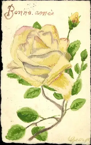 Handgemalt Ak Glückwunsch Neujahr, Gelbe Rosenblüte