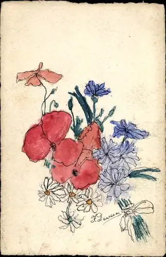 Handgemalt Ak Blumenstrauß, Mohn, Margeriten, Kornblumen