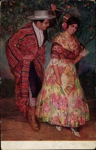Künstler Ak Cardona, Juan, Entre Naranjos, Paar in spanischer Tracht, Orangenbäume