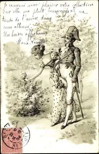 Litho Liebespaar in historischen Kostümen, Park, Rosenstrauch