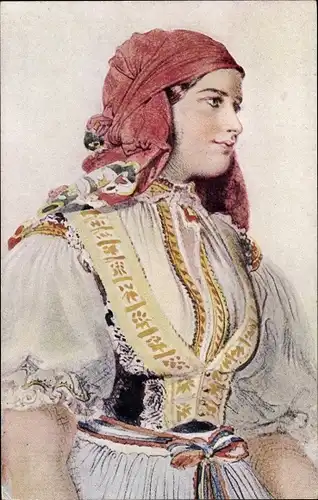 Künstler Ak Manes, Josef, Portrait einer Frau im Tracht, Kopfbedeckung, Devce z Bilovic