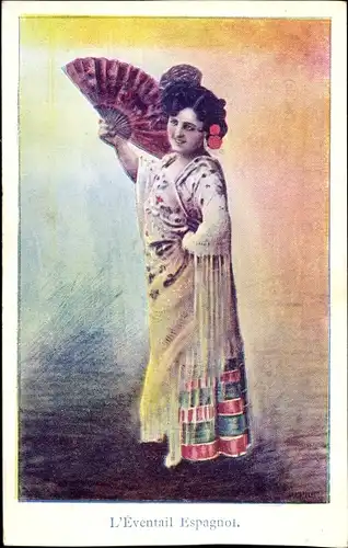 Ak L'Eventail Espagnol, Frau in spanischer Tracht mit Fächer