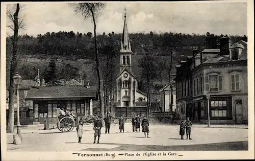 Ak Vernonnet Eure, Place de l'Église et la Gare