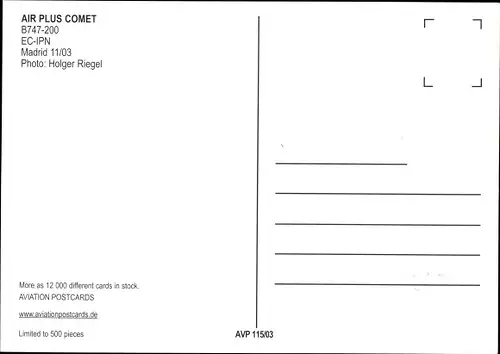 Ak Spanisches Passagierflugzeug, Air Plus Comet, Boeing B747 200, EC IPN