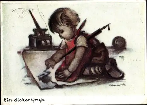 Künstler Ak Hummel, Berta, Ein dicker Gruß, Kind, Tintenfass, Nr 5202