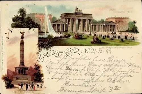 Litho Berlin Tiergarten, Die Siegessäule, Brandenburger Tor