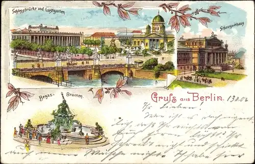 Litho Berlin Mitte, Schlossbrücke mit Lustgarten, Schauspielhaus, Begas Brunnen