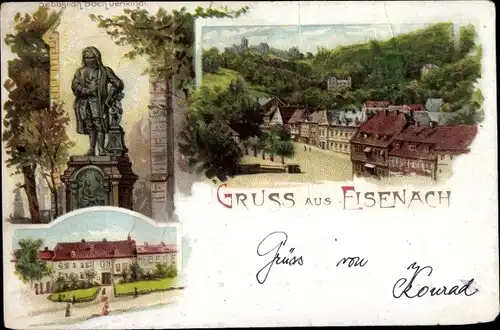 Litho Lutherstadt Eisenach in Thüringen, Sebastian Bach Denkmal, Teilansicht