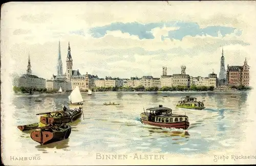 Ak Hamburg Mitte Altstadt, Binnenalster, Boote, Blick zur Stadt, Kirchen