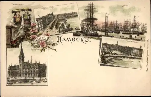 Litho Hamburg MItte Altstadt, Hafenpartie, Segelboote, Vierländerin, Jungfernstieg