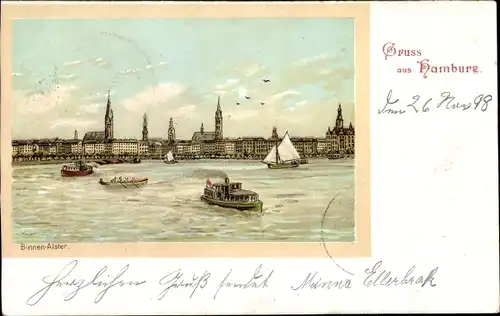 Ak Hamburg Mitte Altstadt, Binnenalster, Boote, Blick zur Stadt, Kirchen