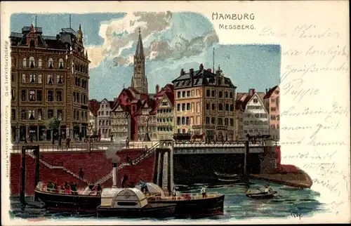 Künstler Litho Ply, Hamburg Mitte Altstadt, Messberg, Dampfboot, Kirche, Häuserpartie