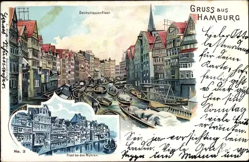 Litho Hamburg, Blick in den Deichstraßenfleet, Boote