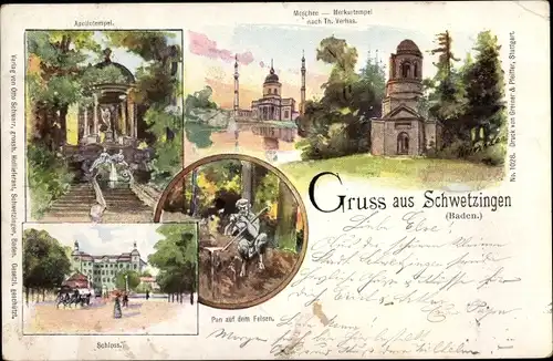 Litho Schwetzingen im Rhein Neckar Kreis, Moschee, Merkur Tempel, Apollo Tempel, Schloss, Pan