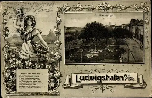 Passepartout Ak Ludwigshafen am Rhein, Schillerdenkmal, Frau bei der Weinlese