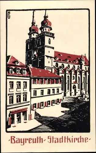 Künstler Ak Bayreuth Oberfranken, Straßenpartie mit Blick auf die Stadtkirche