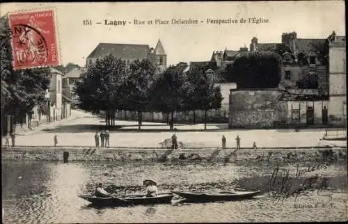 Ak Lagny Seine et Marne, Rue et Place Delambre, Perspective de l'Eglise