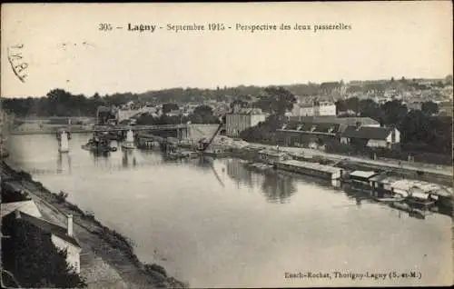 Ak Lagny Seine et Marne, Perspective des deux passerelles