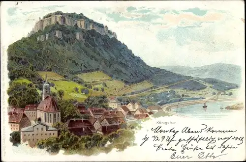 Künstler Litho Königstein an der Elbe Sächsische Schweiz, Ortschaft, Festung, Landschaft