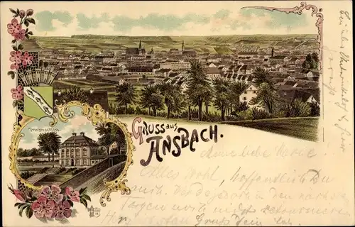 Wappen Litho Ansbach in Mittelfranken Bayern, Prinzenschloss, Panoramablick auf die Stadt