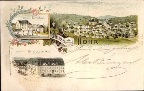 Litho Höhr Grenzhausen im Westerwaldkreis, Gesamtansicht, Hotel Müllenbach, Keram. Fachschule