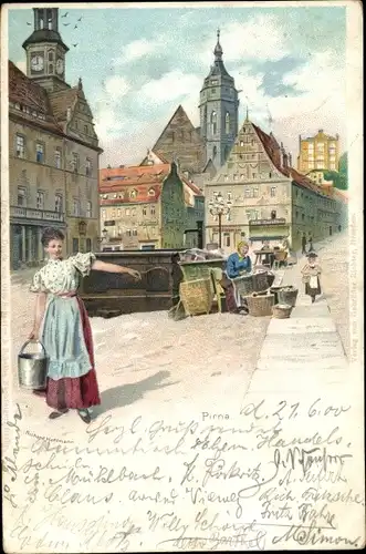 Litho Pirna an der Elbe, Marktplatz, Brunnen