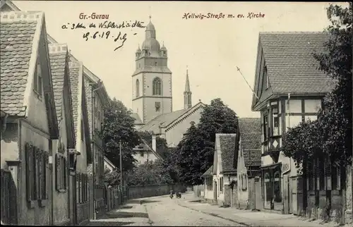 Ak Groß Gerau in Hessen, Hellwig Straße mit evangelischer Kirche