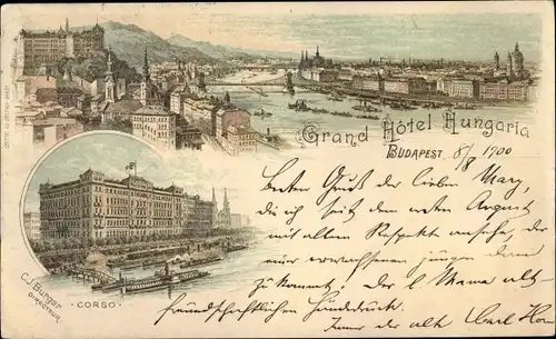 Litho Budapest Ungarn, Grand Hotel Hungarica, Corso, Stadtansicht