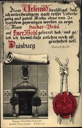 Passepartout Ak Duisburg im Ruhrgebiet, Börsenkeller Restaurant, Urkunde, Hacker Bräu