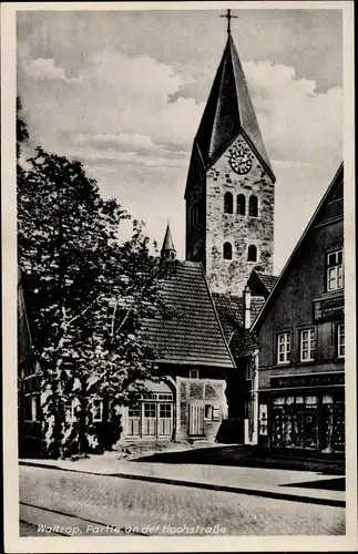 Ak Waltrop im Ruhrgebiet, Partie an der Hochstraße, Kirche, Buchhandlung